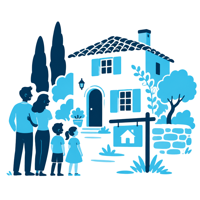 Illustration : famille devant une maison provençale à vendre