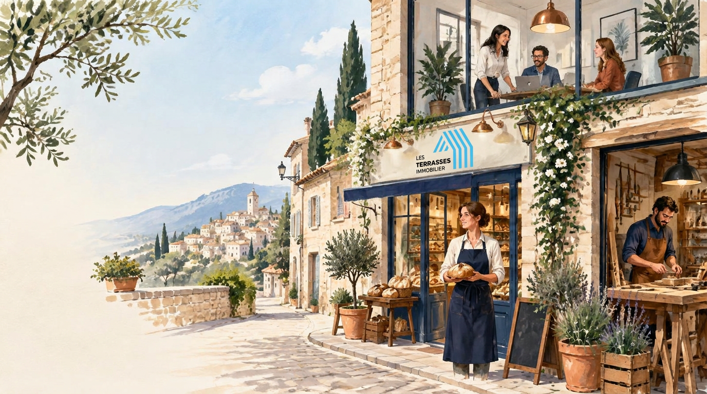 Illustration : une boulangère devant sa boutique, une équipe dans un bureau et un artisan dans son atelier
